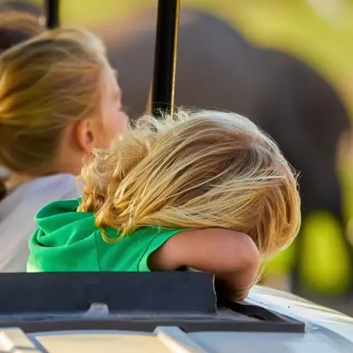 Children of different ages on safari in Tanzania